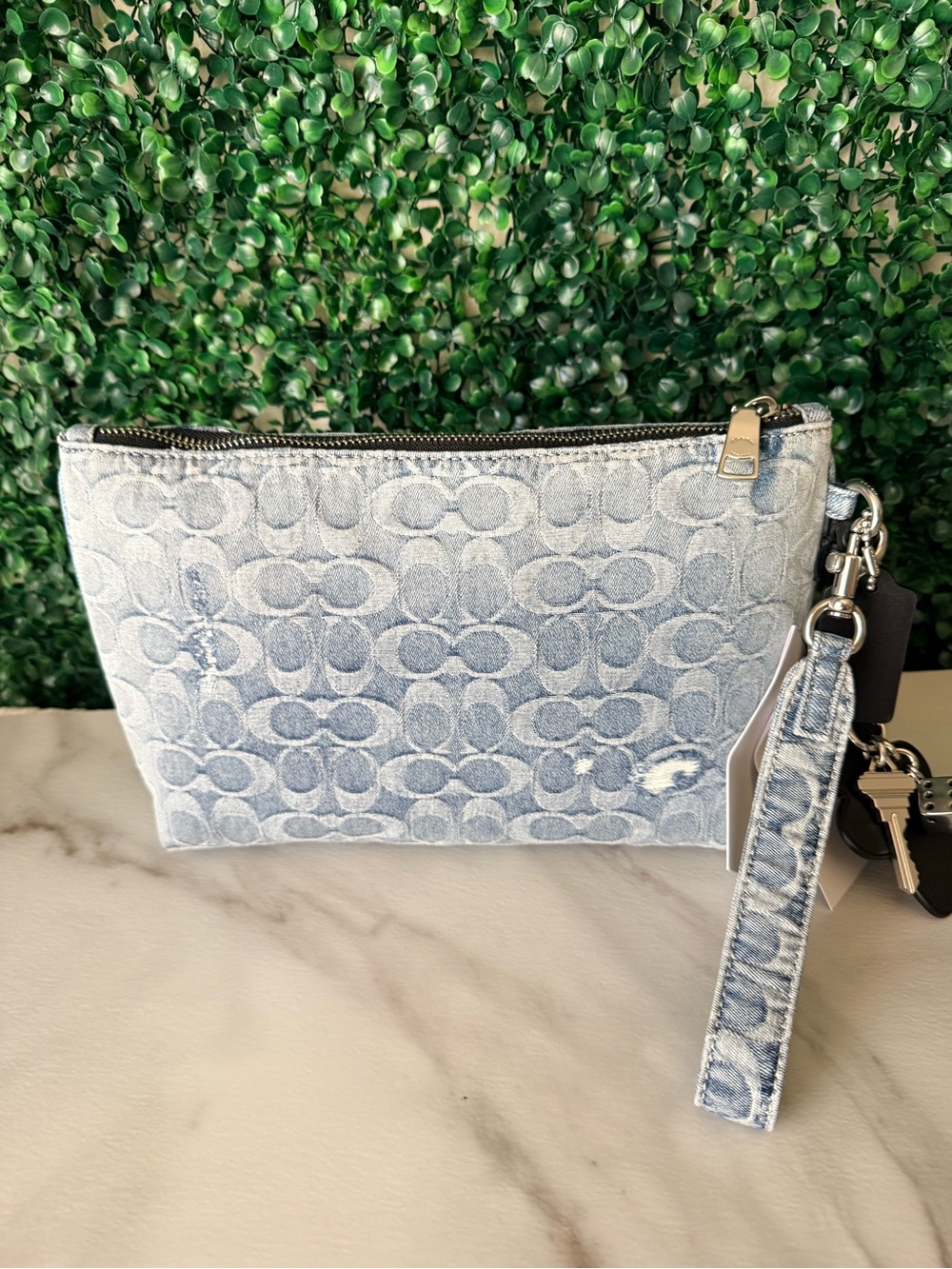 Coach Light Blue Distressed Denim Signature Wristlet Pouch with Charms NWT - Picture 5 of 8